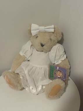 Vintage Vermont Teddy Bear 15" Jointed Plush in White Eyelet Lace Dress and Bow